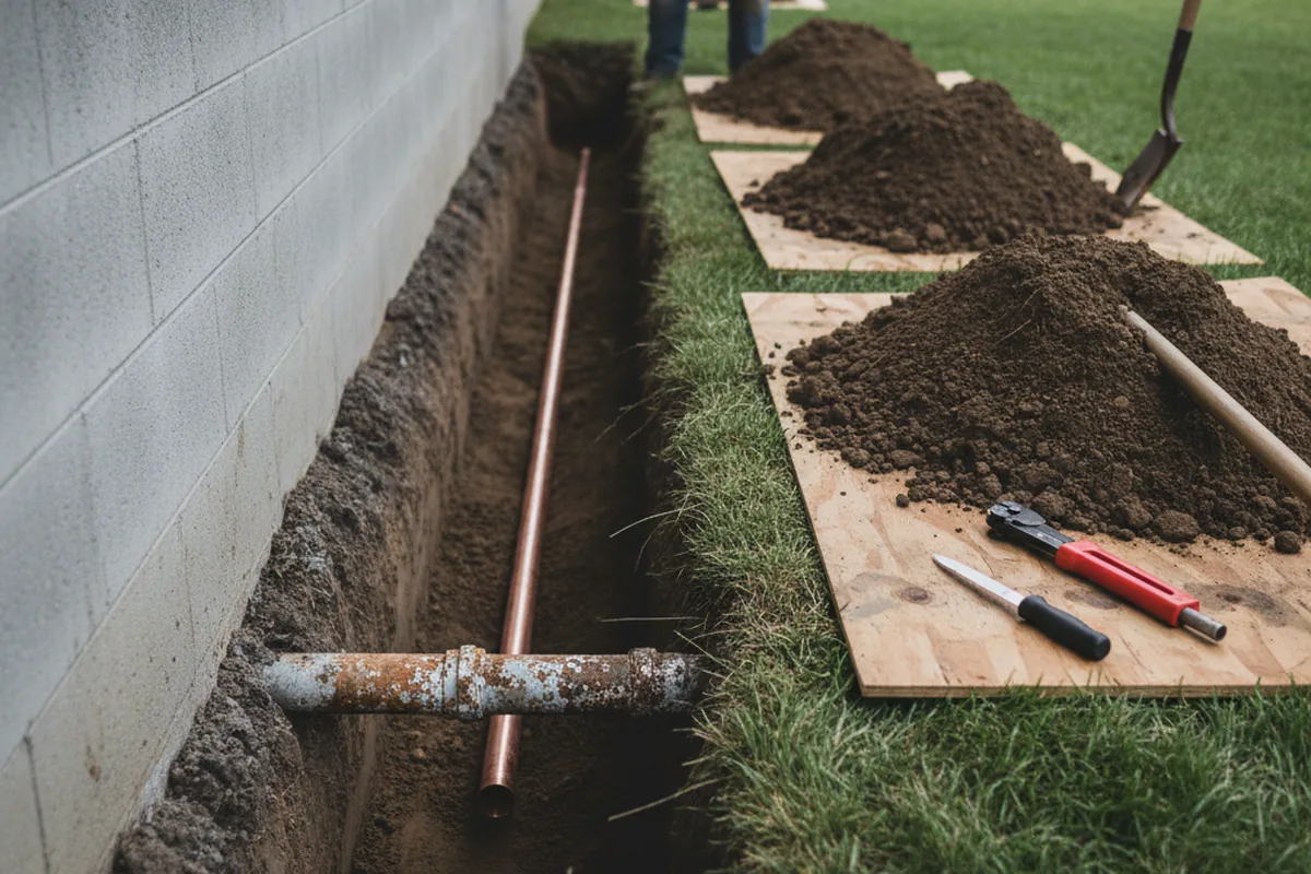 Excavated water line trench during Water Softener Installation in Rock Spring